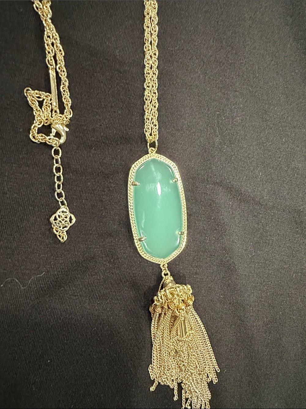 Gold Tassel Pendant Necklace with Green Stone